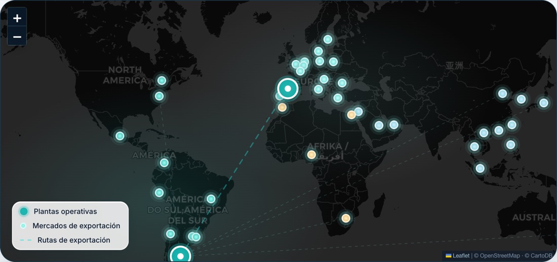 Mapa de la presencia global de Cabo Vírgenes: plantas en Argentina y España y mercados de exportación en 4 continentes